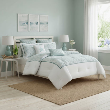 Set of Four White And Aqua King Ring Stitch Sham And Comforter HomeRoots