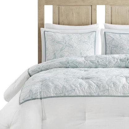 Set of Four White And Aqua King Ring Stitch Sham And Comforter HomeRoots