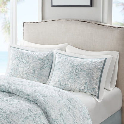 Set of Four White And Aqua King Ring Stitch Sham And Comforter HomeRoots