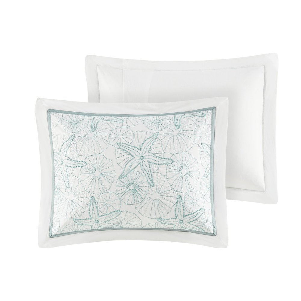 Set of Four White And Aqua King Ring Stitch Sham And Comforter HomeRoots