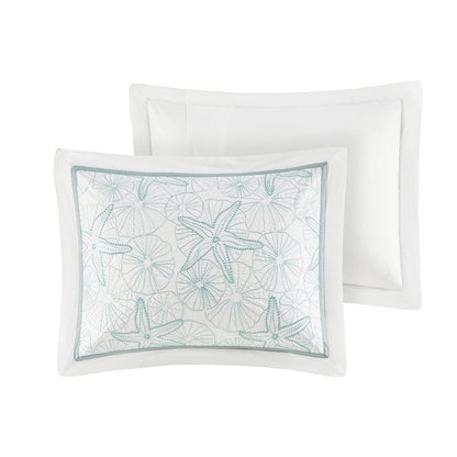 Set of Four White And Aqua King Ring Stitch Sham And Comforter HomeRoots