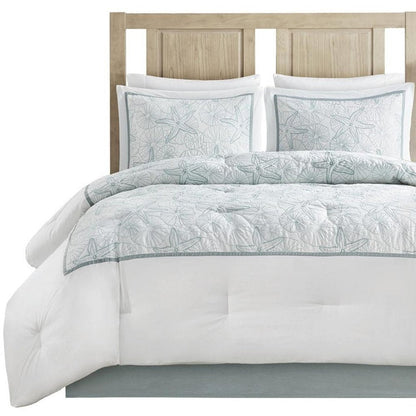 Set of Four White And Aqua King Ring Stitch Sham And Comforter HomeRoots