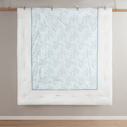 Set of Four White And Aqua King Ring Stitch Sham And Comforter HomeRoots