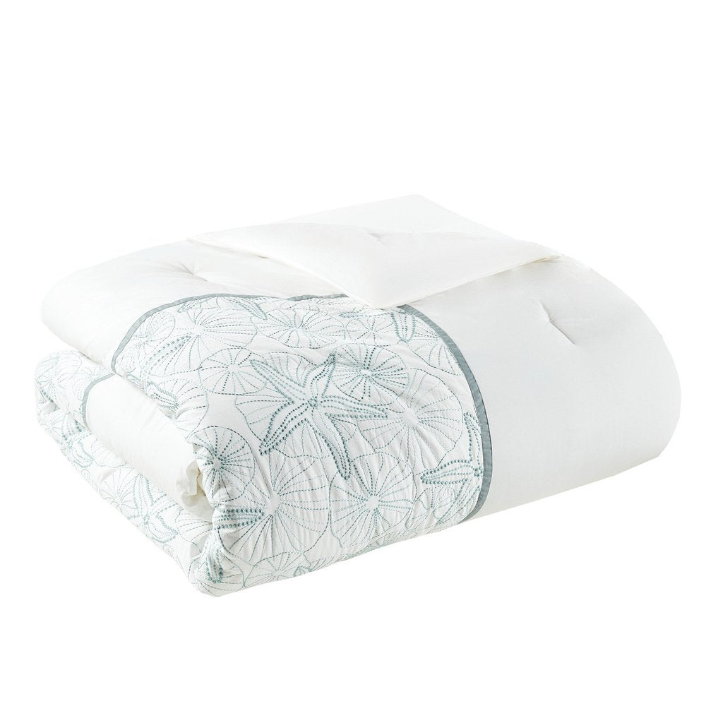 Set of Four White And Aqua Full Ring Stitch Sham And Comforter HomeRoots