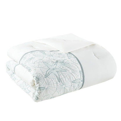 Set of Four White And Aqua Full Ring Stitch Sham And Comforter HomeRoots