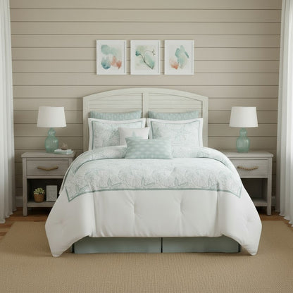 Set of Four White And Aqua Full Ring Stitch Sham And Comforter HomeRoots