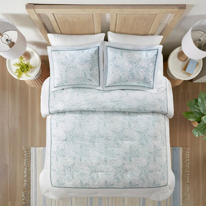 Set of Four White And Aqua Full Ring Stitch Sham And Comforter HomeRoots