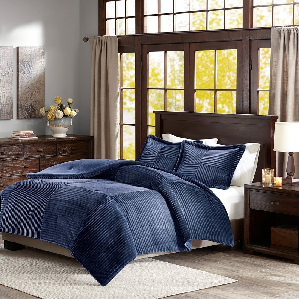 Set of Three Blue King Ring Stitch Polyester Sham And Comforter HomeRoots