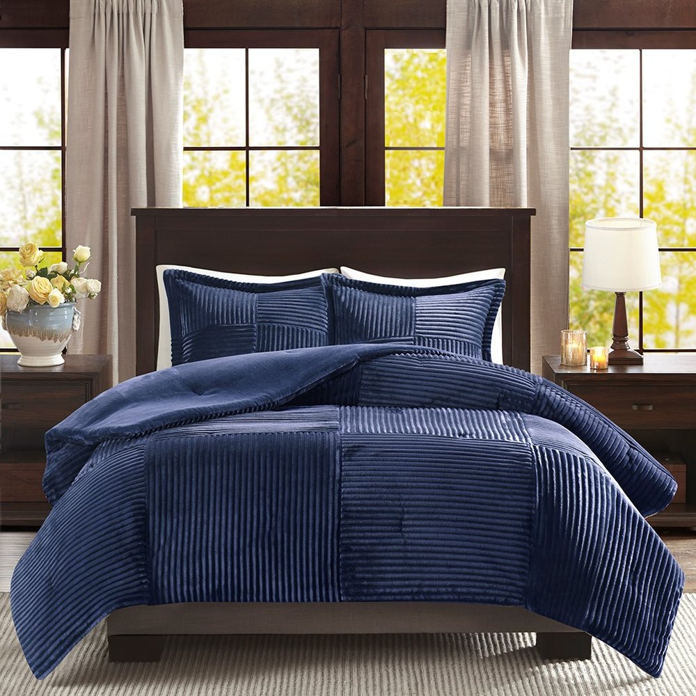 Set of Three Blue King Ring Stitch Polyester Sham And Comforter HomeRoots