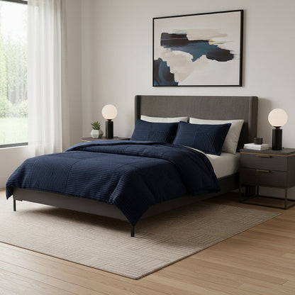 Set of Three Blue King Ring Stitch Polyester Sham And Comforter HomeRoots