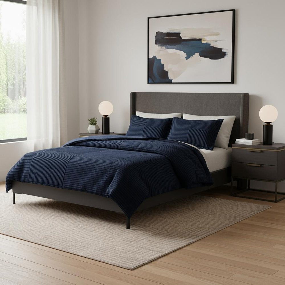 Set of Three Blue King Ring Stitch Polyester Sham And Comforter HomeRoots