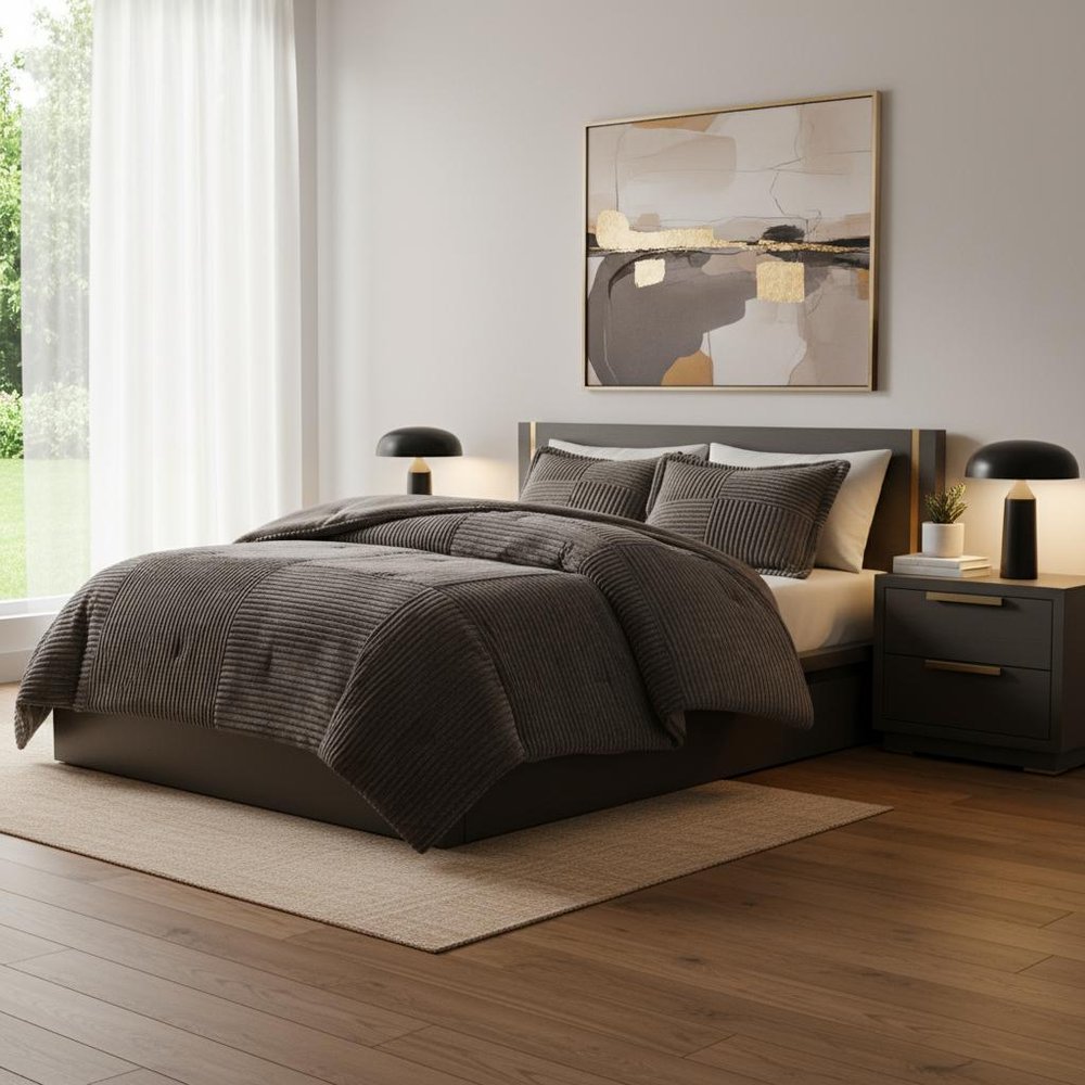 Set of Three Taupe King Ring Stitch Polyester Sham And Comforter HomeRoots