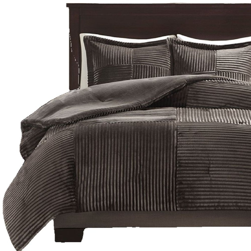 Set of Three Taupe Queen Ring Stitch Polyester Sham And Comforter HomeRoots