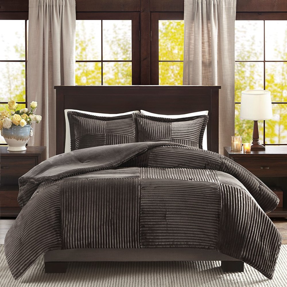 Set of Three Taupe Queen Ring Stitch Polyester Sham And Comforter HomeRoots