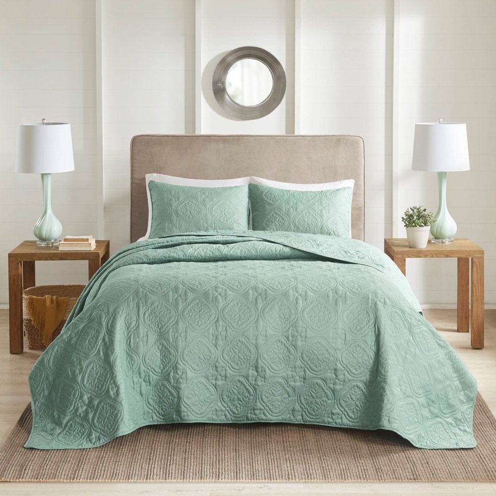 Set of Three Aqua Medallion Queen Ring Stitch Sham And Comforter HomeRoots