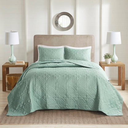 Set of Three Aqua Medallion Queen Ring Stitch Sham And Comforter HomeRoots