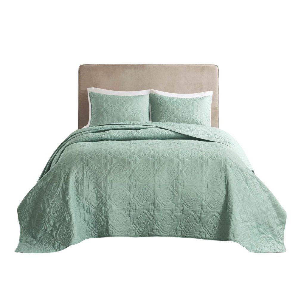 Set of Three Aqua Medallion Queen Ring Stitch Sham And Comforter HomeRoots
