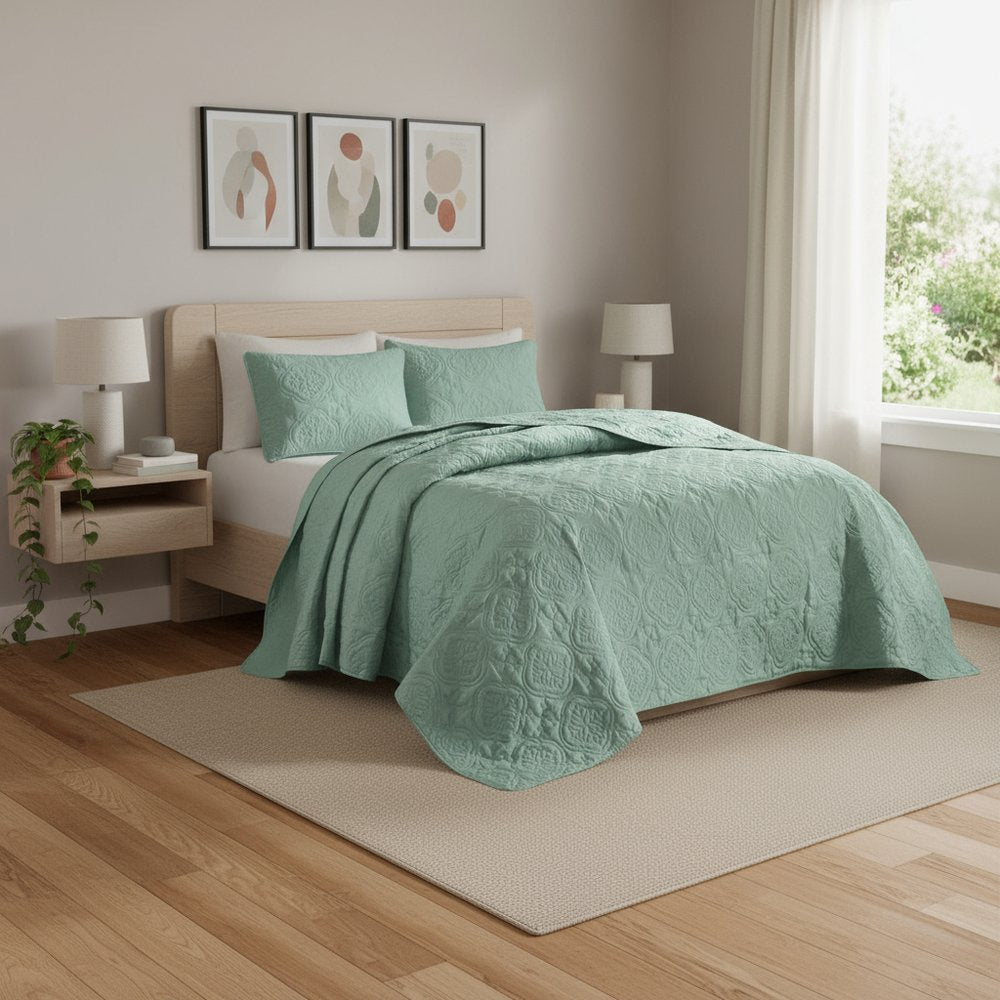 Set of Three Aqua Medallion Queen Ring Stitch Sham And Comforter HomeRoots