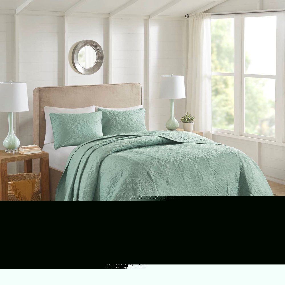 Set of Three Aqua Medallion Queen Ring Stitch Sham And Comforter HomeRoots