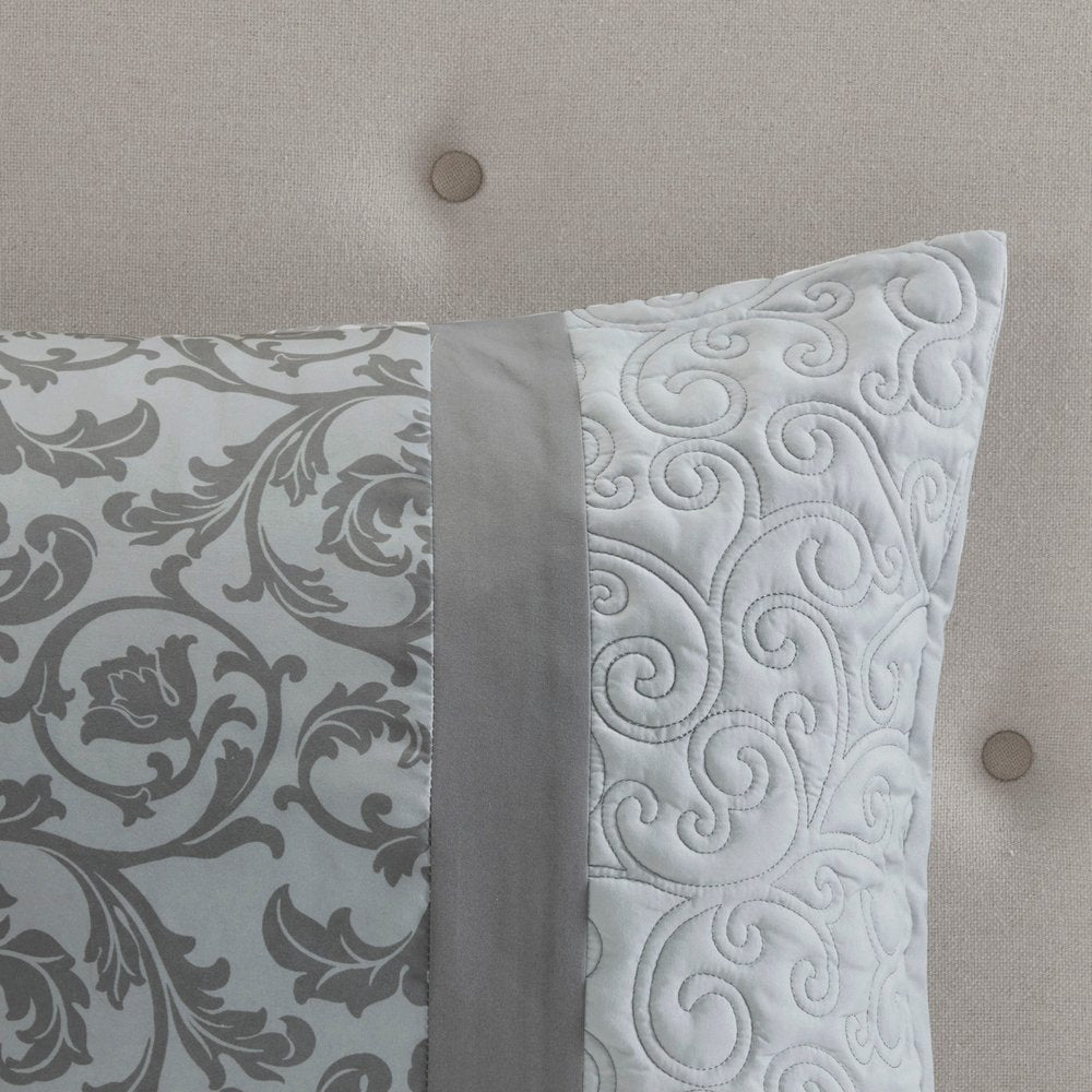 Set of Eight Gray And Ivory Damask Ring Stitch Polyester Sham And Comforter HomeRoots