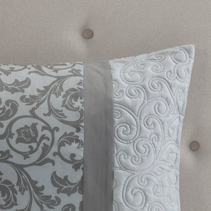 Set of Eight Gray And Ivory Damask Ring Stitch Polyester Sham And Comforter HomeRoots
