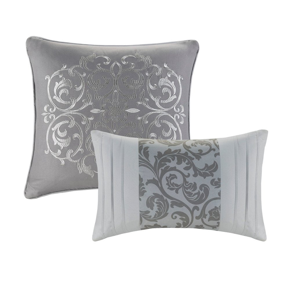 Set of Eight Gray And Ivory Damask Ring Stitch Polyester Sham And Comforter HomeRoots