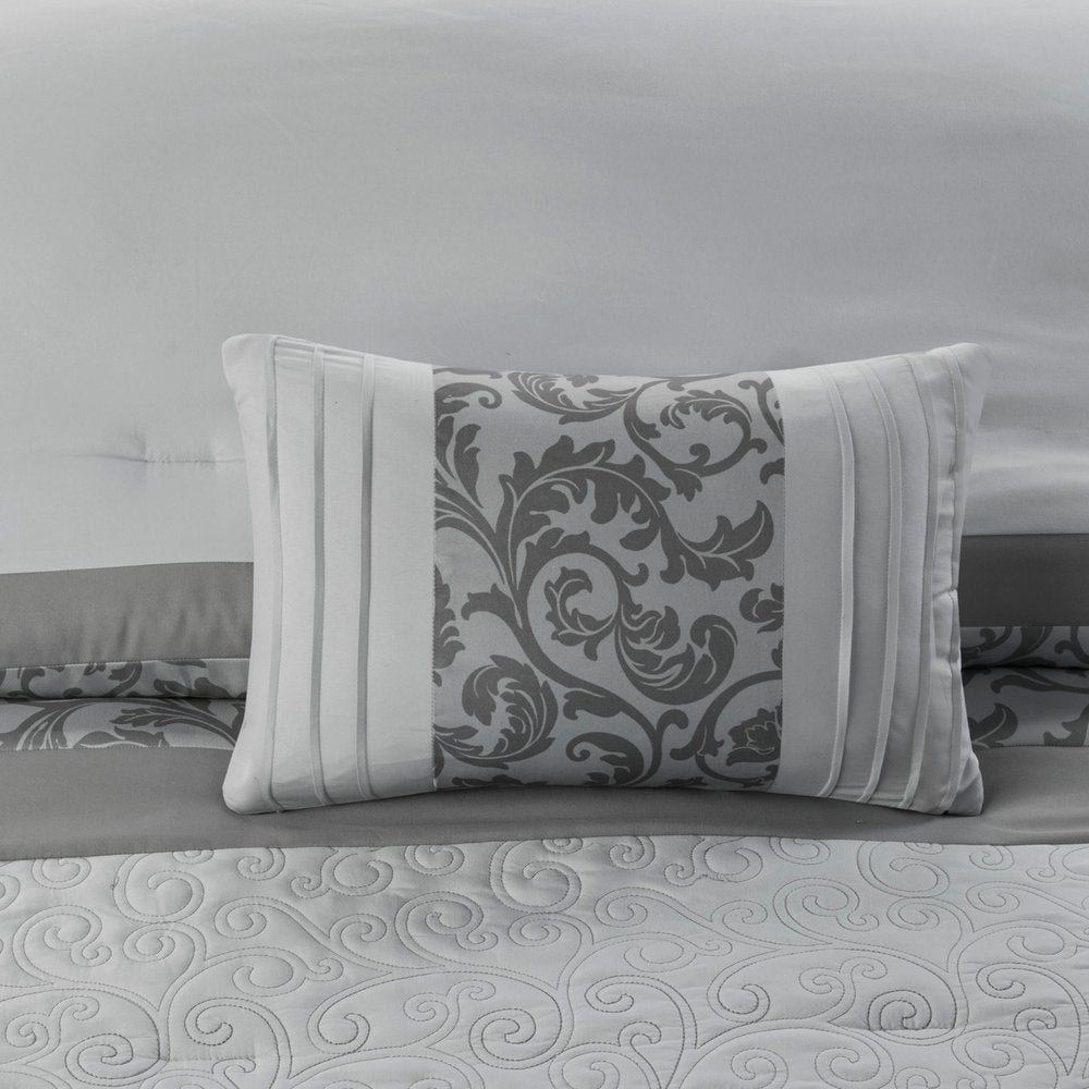 Set of Eight Gray And Ivory Damask Ring Stitch Polyester Sham And Comforter HomeRoots