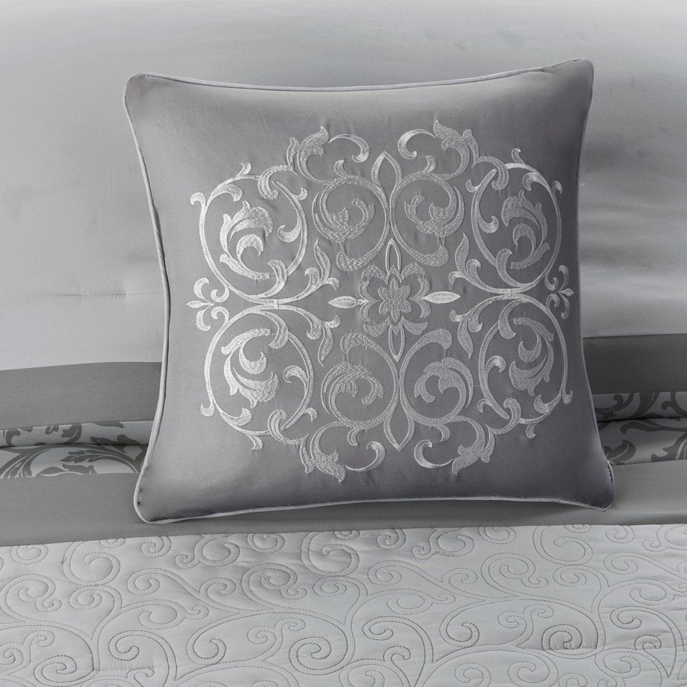 Set of Eight Gray And Ivory Damask Ring Stitch Polyester Sham And Comforter HomeRoots