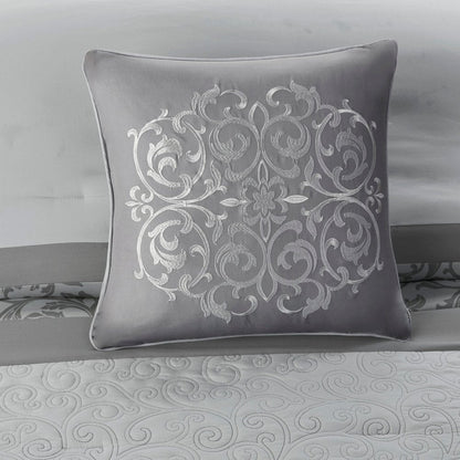 Set of Eight Gray And Ivory Damask Ring Stitch Polyester Sham And Comforter HomeRoots