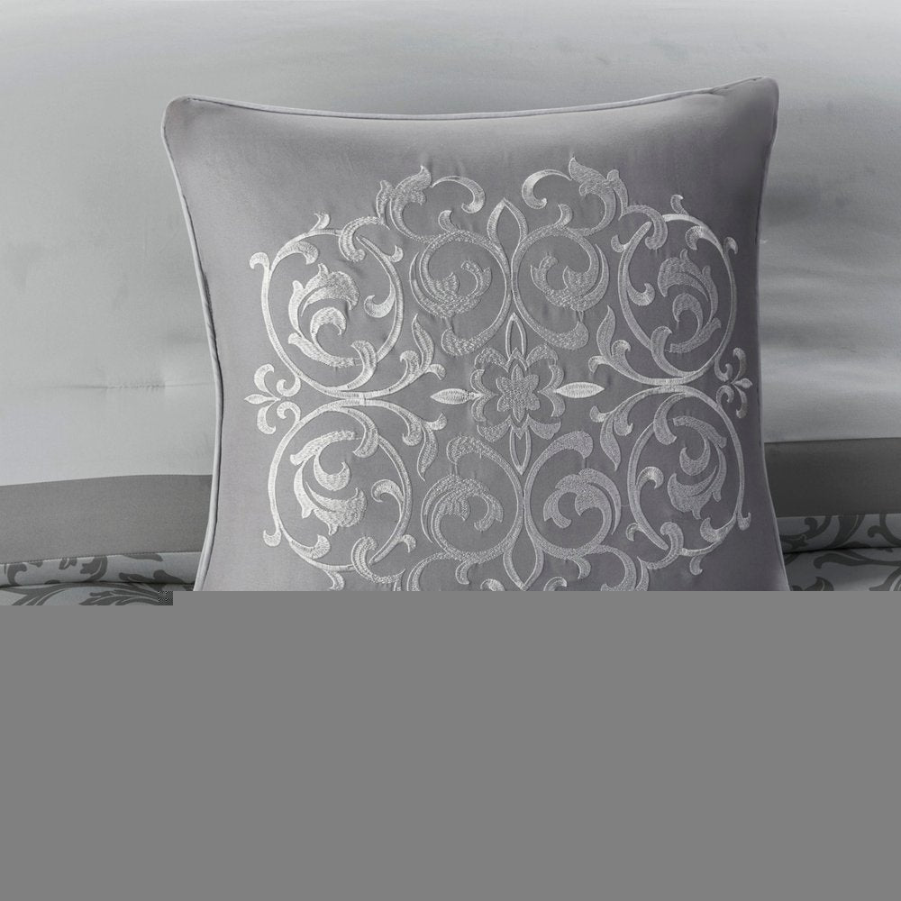 Set of Eight Gray And Ivory Damask Ring Stitch Polyester Sham And Comforter HomeRoots