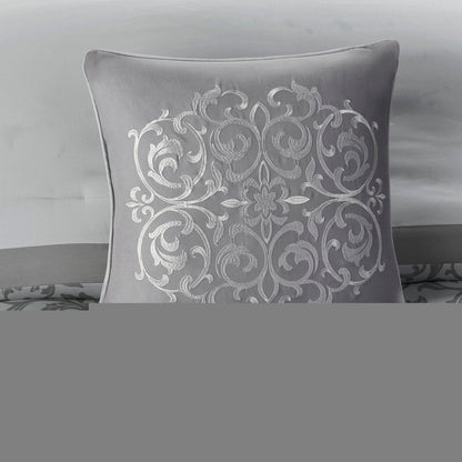 Set of Eight Gray And Ivory Damask Ring Stitch Polyester Sham And Comforter HomeRoots