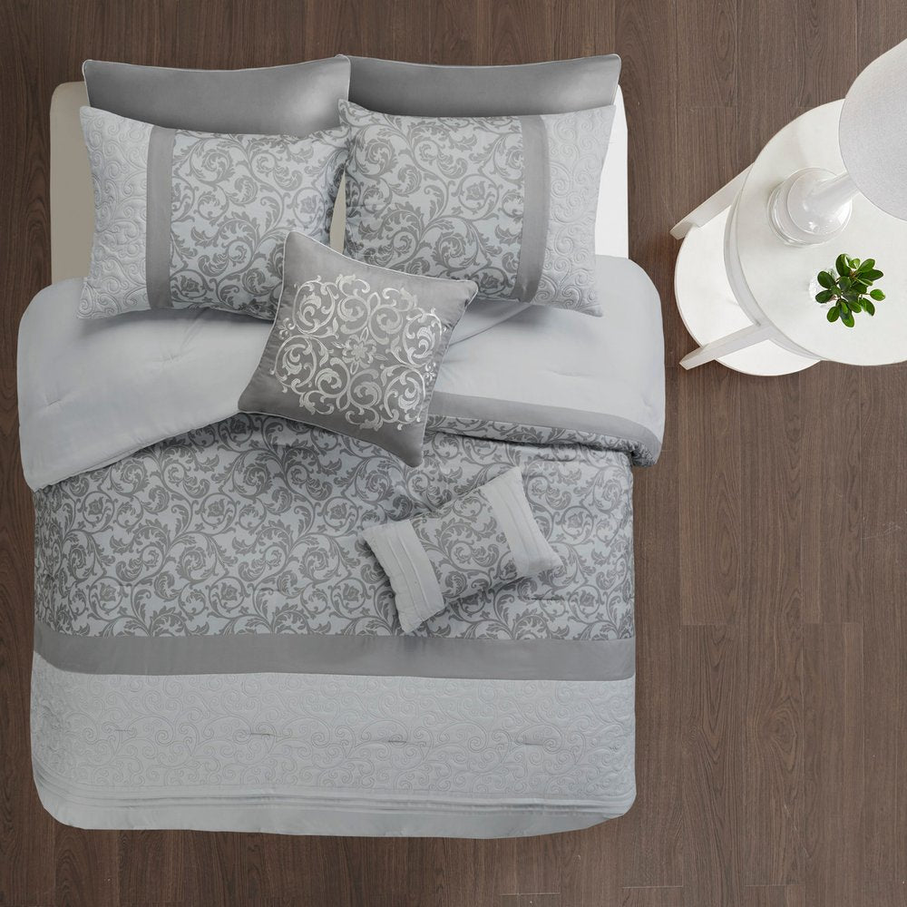 Set of Eight Gray And Ivory Damask Ring Stitch Polyester Sham And Comforter HomeRoots