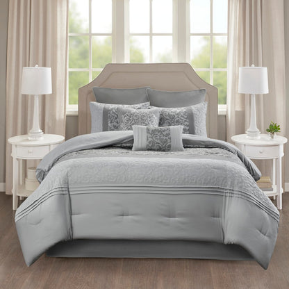 Set of Eight Gray And Ivory Damask Ring Stitch Polyester Sham And Comforter HomeRoots