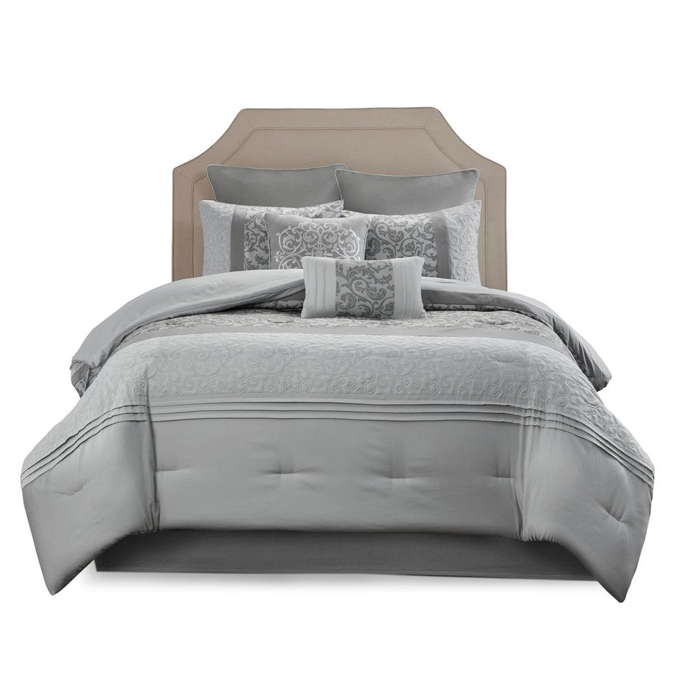 Set of Eight Gray And Ivory Damask Ring Stitch Polyester Sham And Comforter HomeRoots