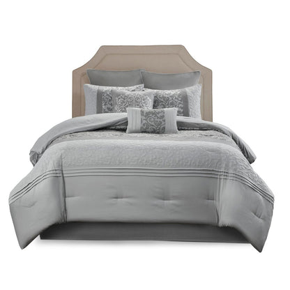Set of Eight Gray And Ivory Damask Ring Stitch Polyester Sham And Comforter HomeRoots