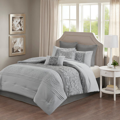 Set of Eight Gray And Ivory Damask Ring Stitch Polyester Sham And Comforter HomeRoots