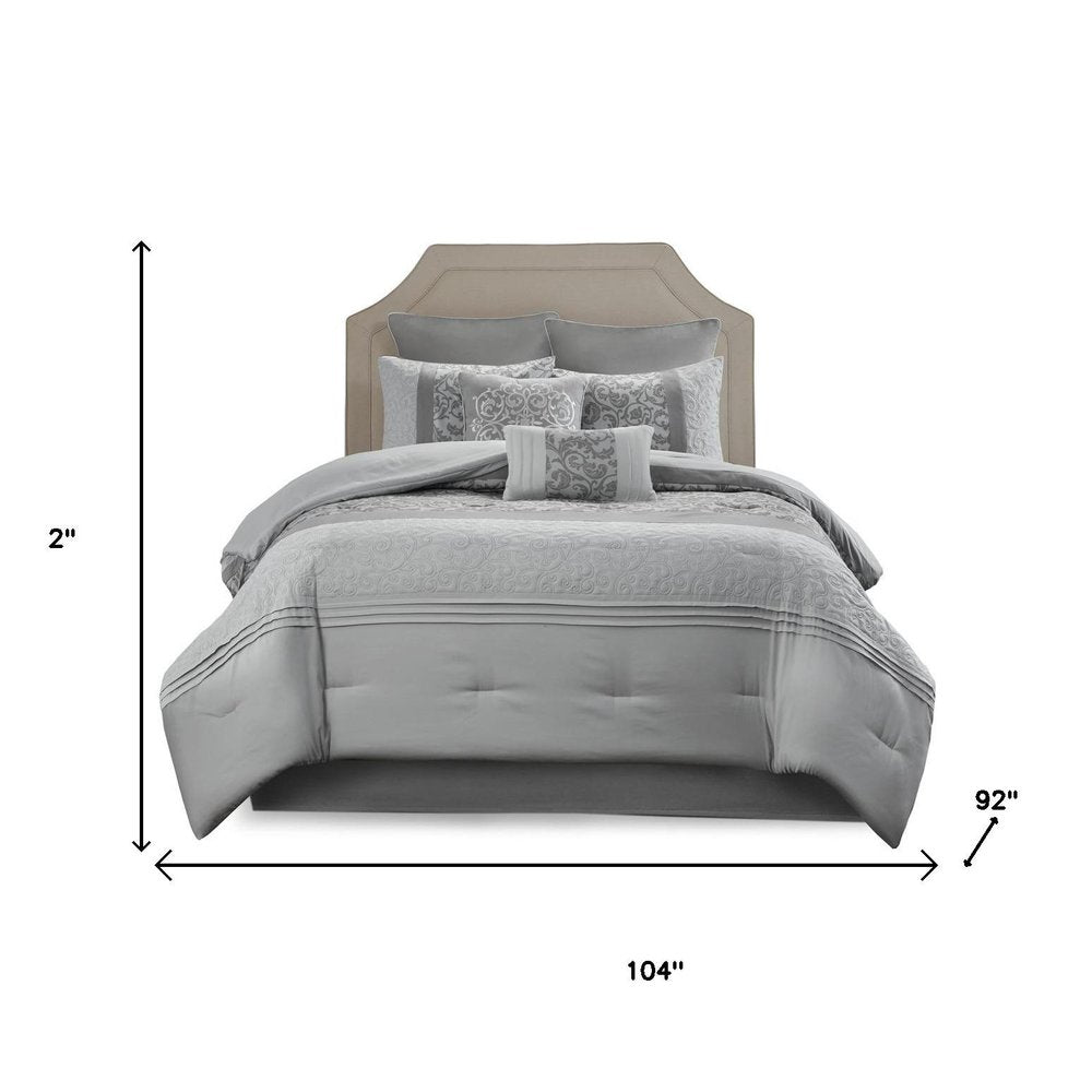 Set of Eight Gray And Ivory Damask Ring Stitch Polyester Sham And Comforter HomeRoots