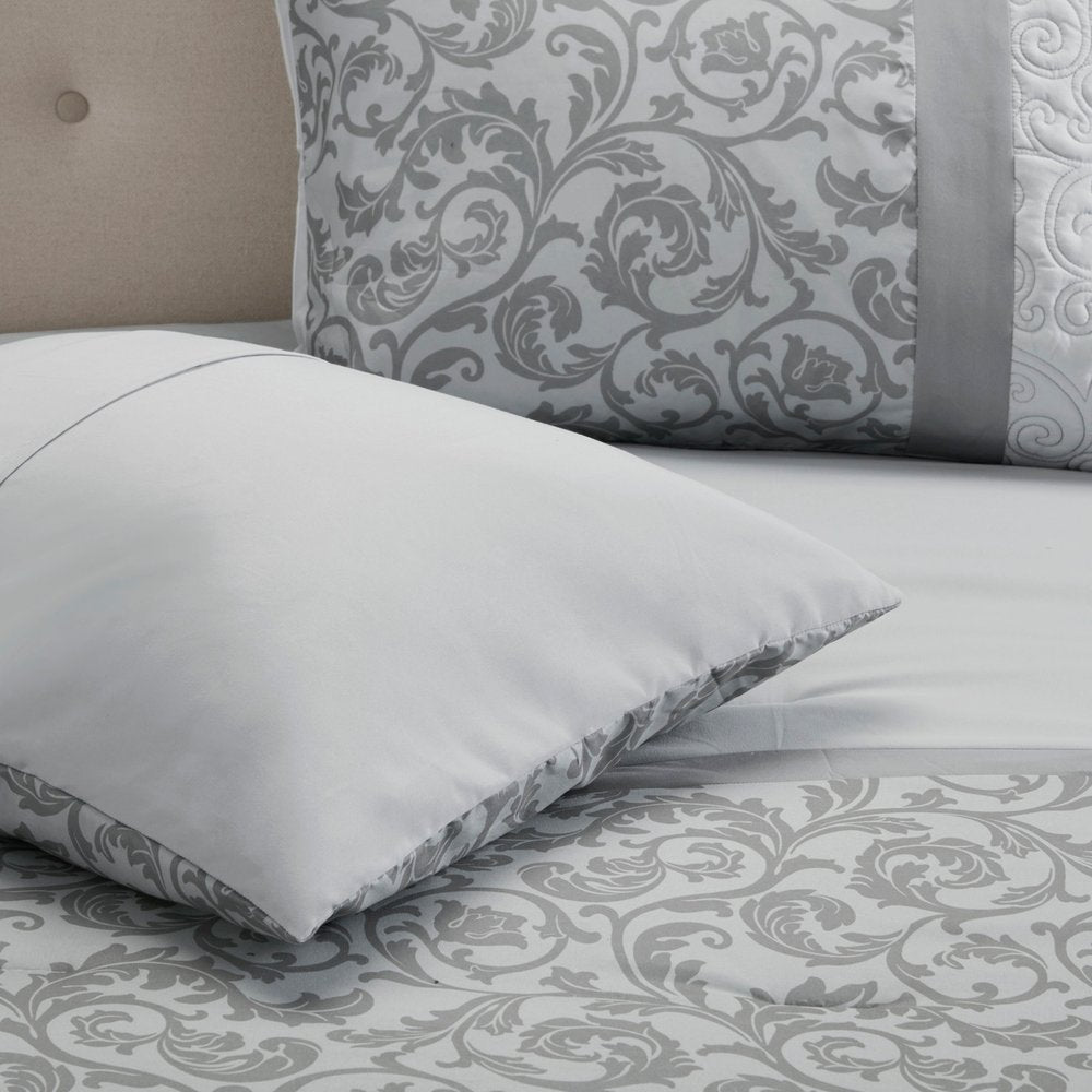 Set of Eight Gray And Ivory Damask Ring Stitch Polyester Sham And Comforter HomeRoots