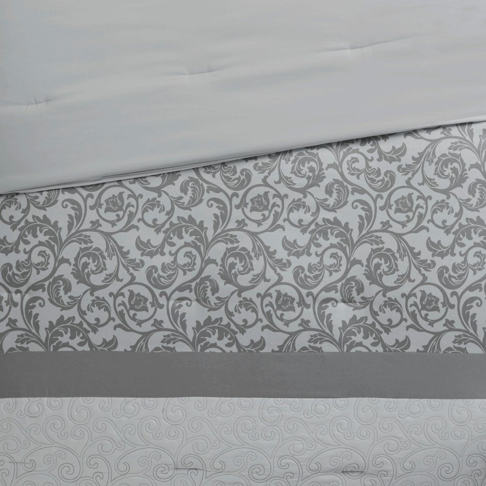 Set of Eight Gray And Ivory Damask Ring Stitch Polyester Sham And Comforter HomeRoots