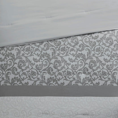 Set of Eight Gray And Ivory Damask Ring Stitch Polyester Sham And Comforter HomeRoots