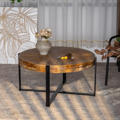 33.46"Retro drawing technology Splicing Round Coffee Table Fir Wood Table Top with Black Cross Legs Base - FurniFindUSA