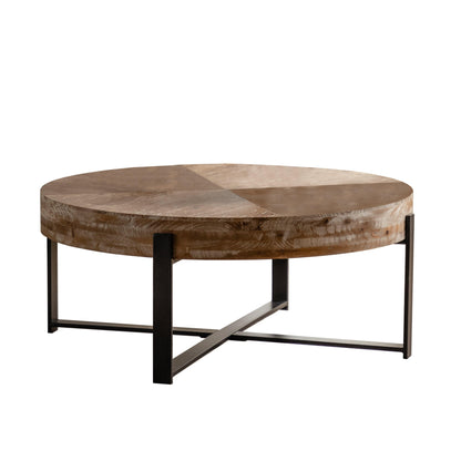 31.29"Modern Retro Splicing Round Coffee Table Fir Wood Table Top with Cross Legs Metal Base - FurniFindUSA