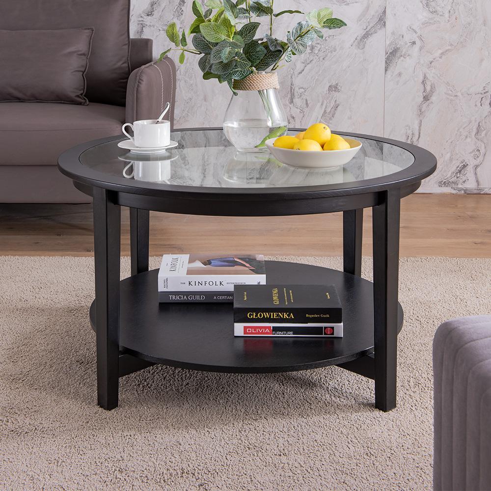 Modern Solid wood round coffee table with tempered glass top black color-36" - FurniFindUSA