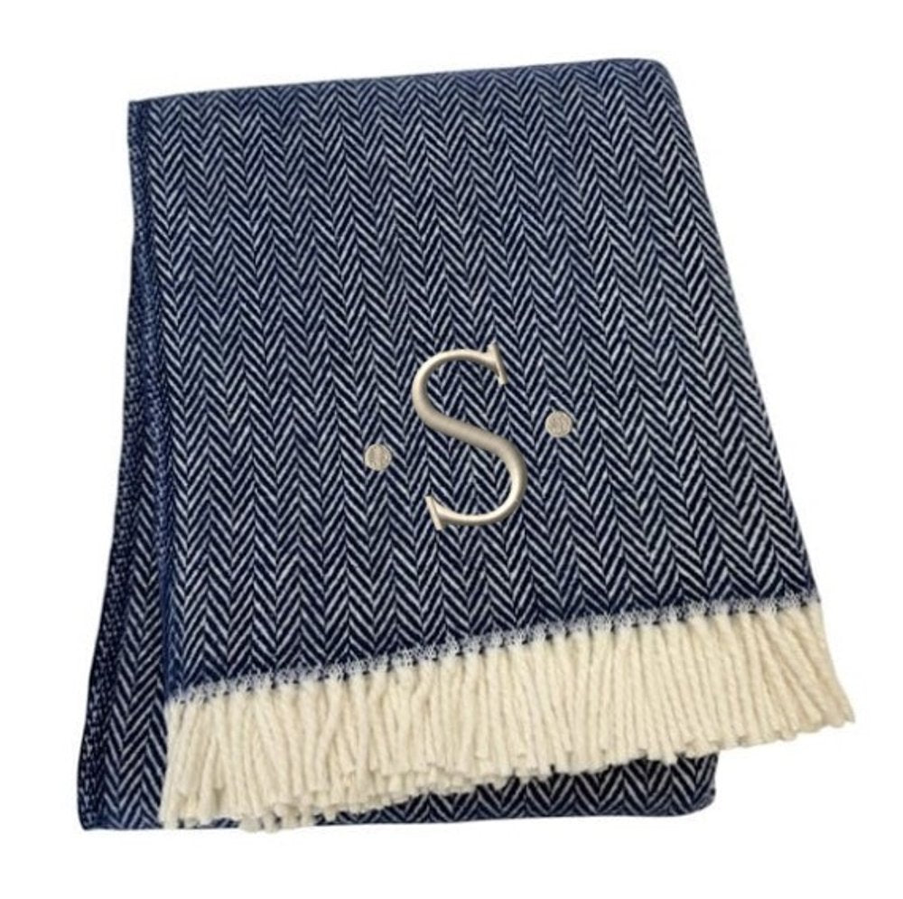 55" X 70" Navy Blue And White Herringbone Cotton Blend S Initial Throw Blanket with Tassels And Embroidery HomeRoots