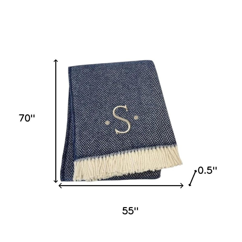 55" X 70" Navy Blue And White Herringbone Cotton Blend S Initial Throw Blanket with Tassels And Embroidery HomeRoots