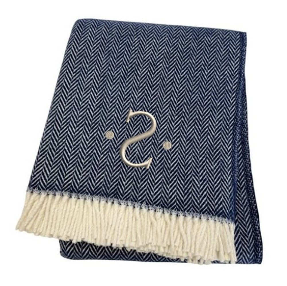 55" X 70" Navy Blue And White Herringbone Cotton Blend S Initial Throw Blanket with Tassels And Embroidery HomeRoots