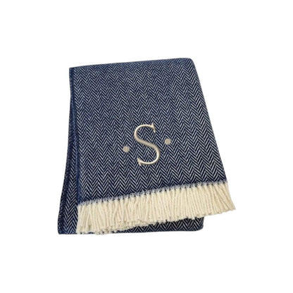 55" X 70" Navy Blue And White Herringbone Cotton Blend S Initial Throw Blanket with Tassels And Embroidery HomeRoots