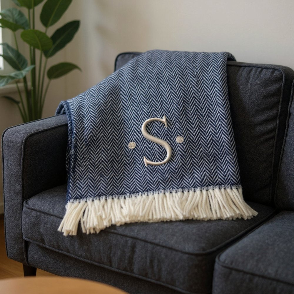 55" X 70" Navy Blue And White Herringbone Cotton Blend S Initial Throw Blanket with Tassels And Embroidery HomeRoots