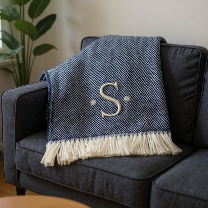 55" X 70" Navy Blue And White Herringbone Cotton Blend S Initial Throw Blanket with Tassels And Embroidery HomeRoots
