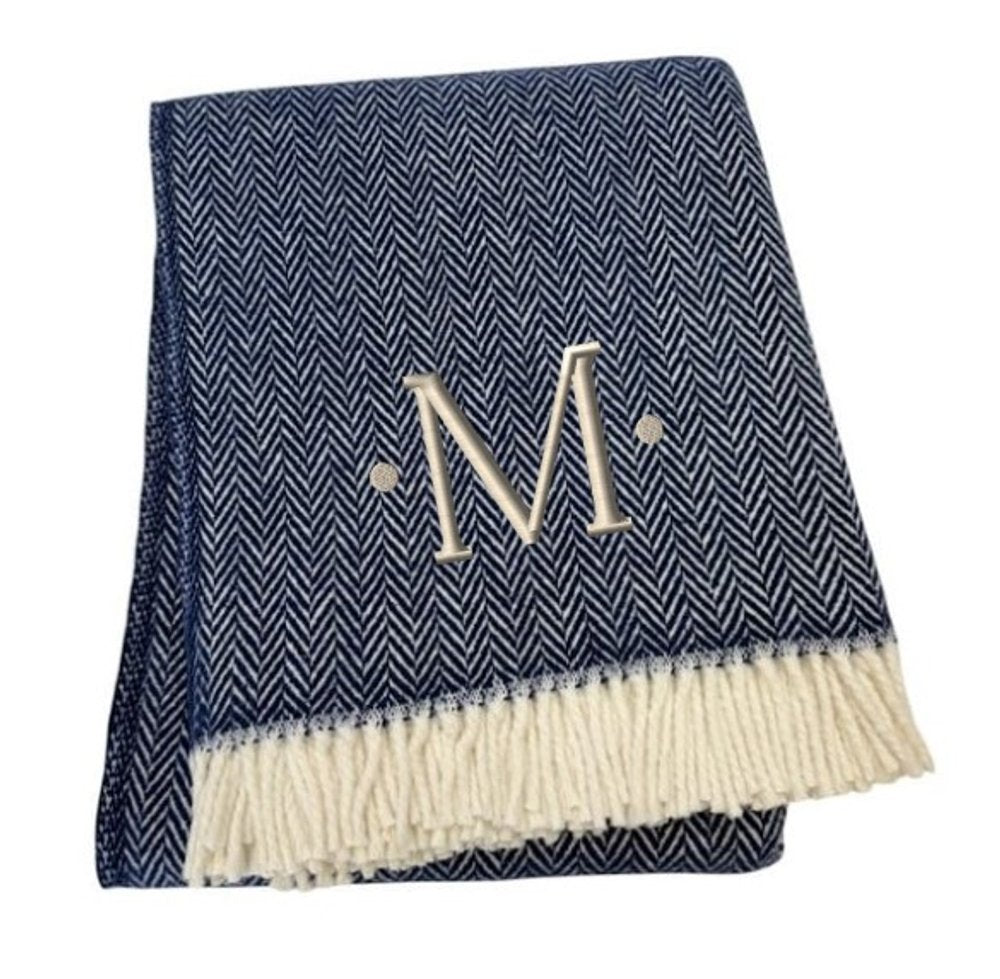55" X 70" Navy Blue And White Herringbone Cotton Blend S Initial Throw Blanket with Tassels And Embroidery HomeRoots